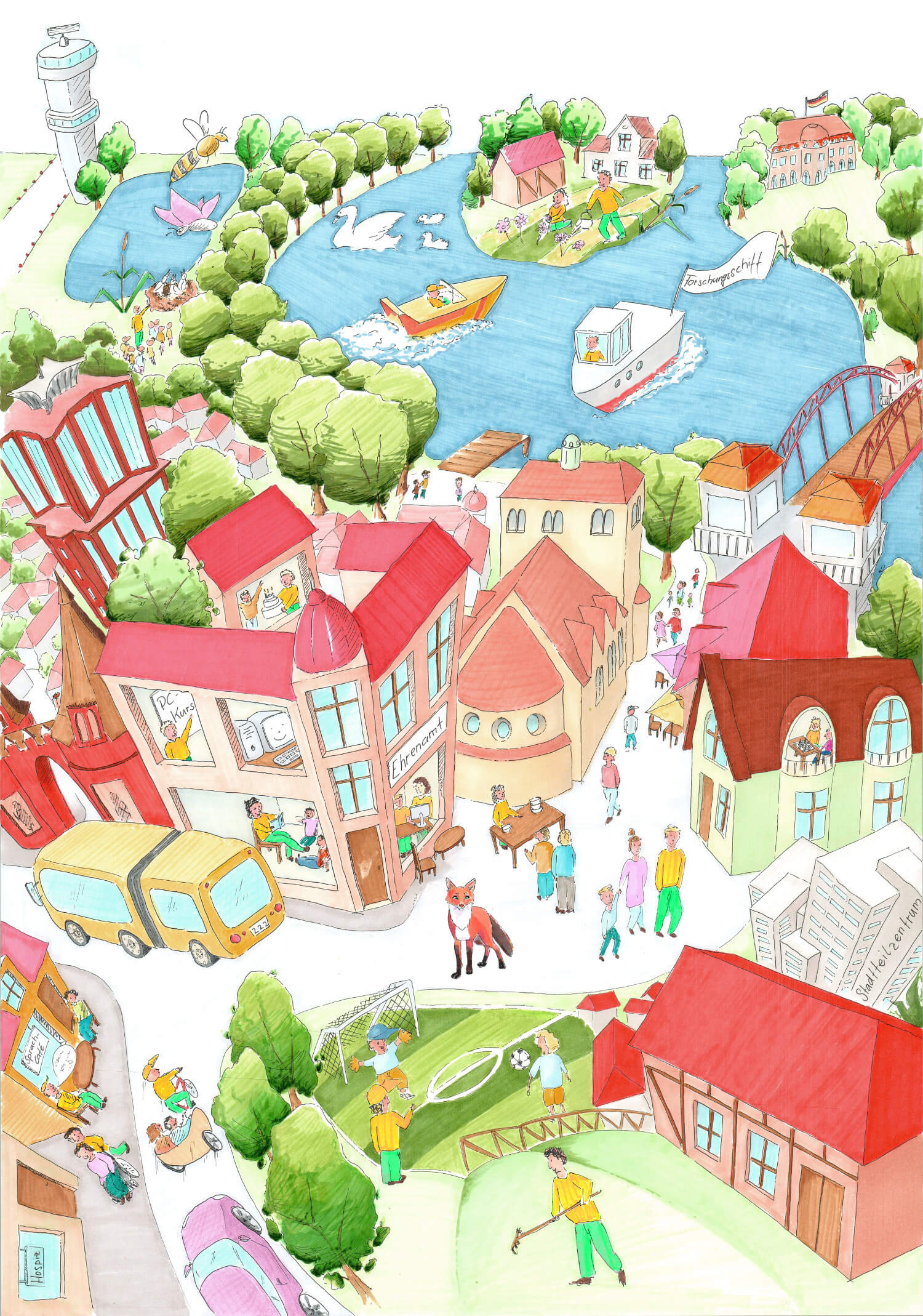 Gezeichnetes Wimmelbild von Reinickendorf: Tegeler See mit Booten und Insel, Wohnhäuser, ein Stadtteilzentrum, ein Sportplatz und viele Menschen, die sich ehrenamtlich engagieren.
